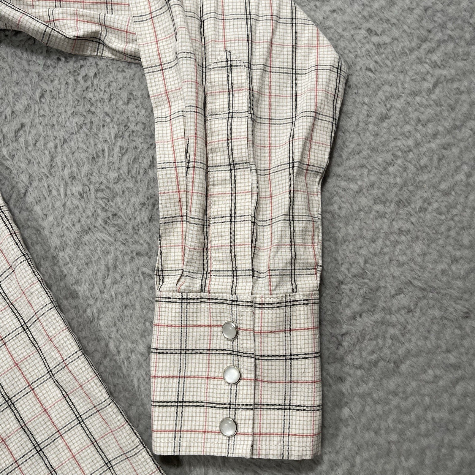 Wrangler Pearl Snap Shirt Mens Small Western Beige Red Plaid Cowboy Rodeo
