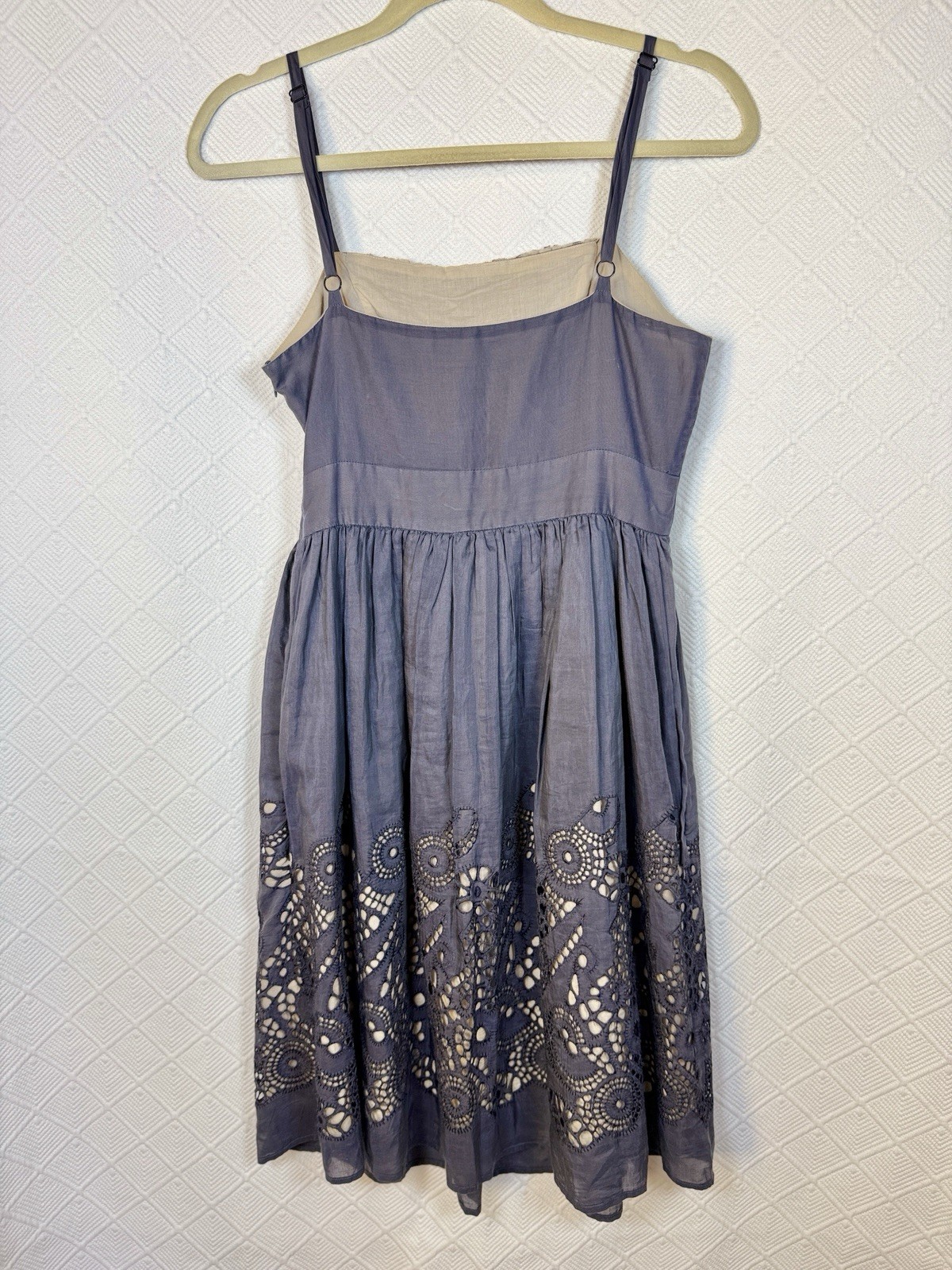 Burlapp Fit-and-Flare Grey Blue Silk Cotton Eyelet Dress Ruffled Bodice 4 Party