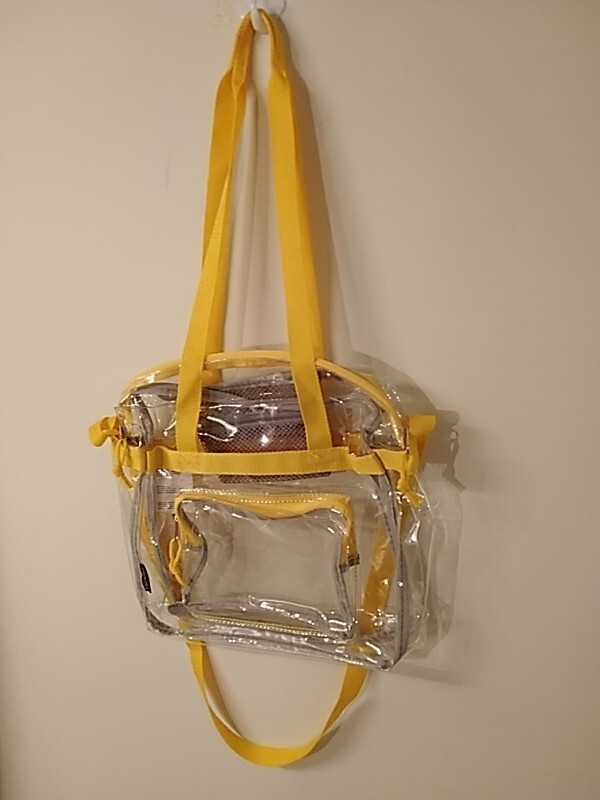 Eastport clear 100% PVC shoulder bag w/yellow trim, 3 straps 2 pockets zip close