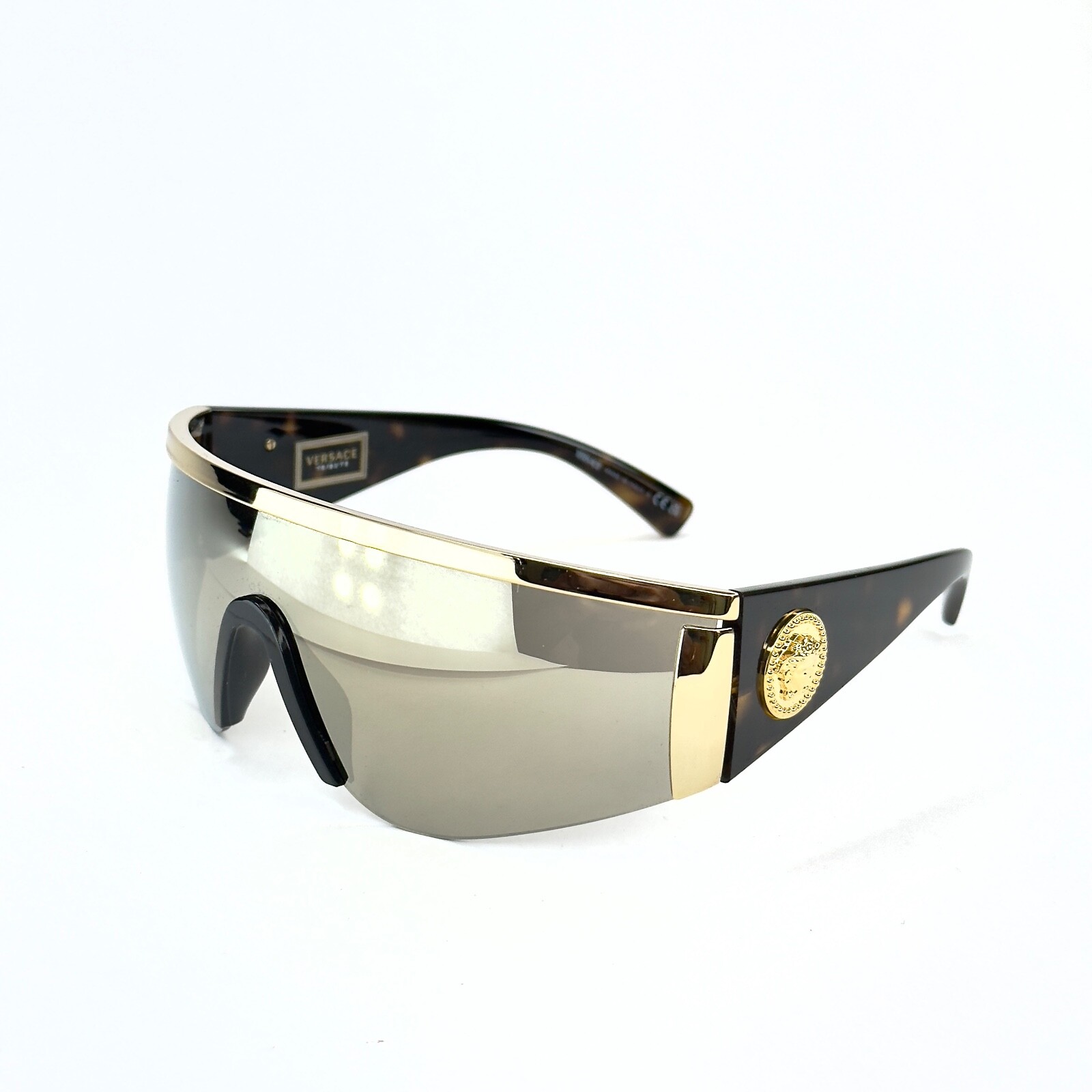 VERSACE 2197 TRIBUTE SHIELD Brown Gold Mirror VE2197 Unisex Wrap Mask Sunglasses