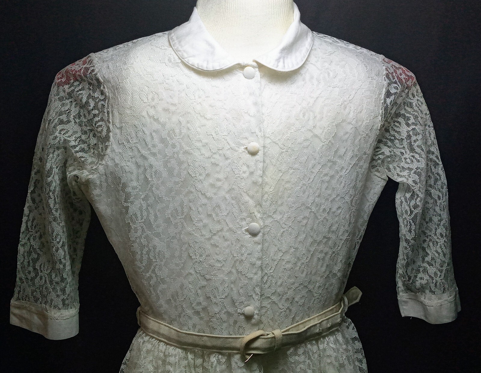 Vtg 50s Rose Lace Dress Peter Pan Collar ILGWU Union Made USA JUNIORS Sz 14