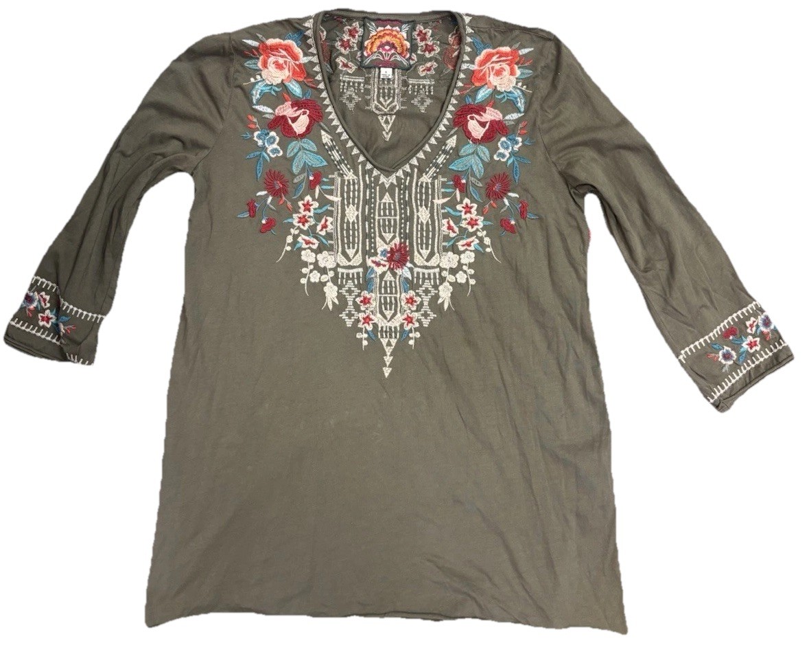 Johnny Was Los Angeles Green Floral Embroidered Knit V-Neck Tunic 3/4 S