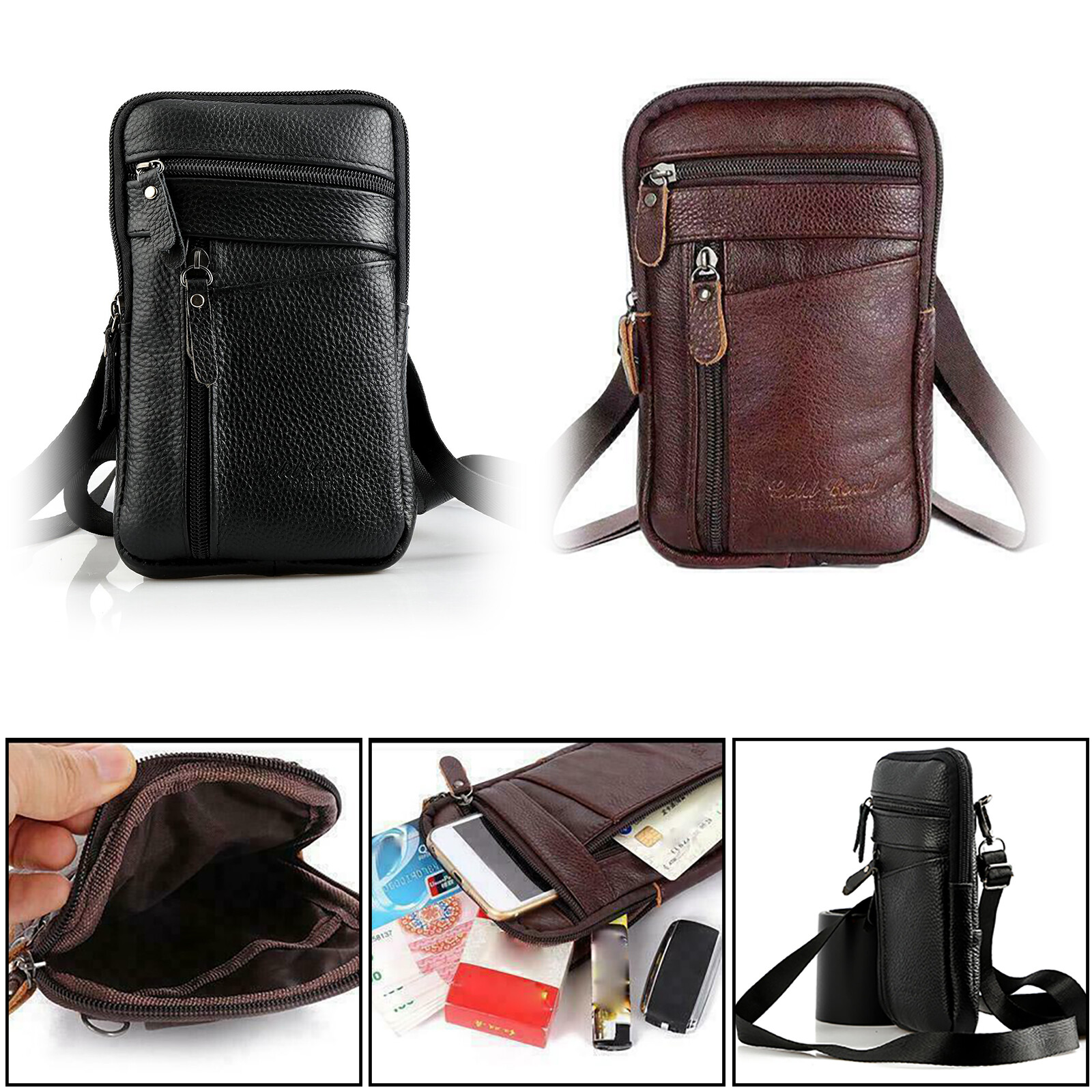 Men Leather Cell Phone Belt Bag Waist Bag Shoulder Pouch Crossbody Purse Pocket