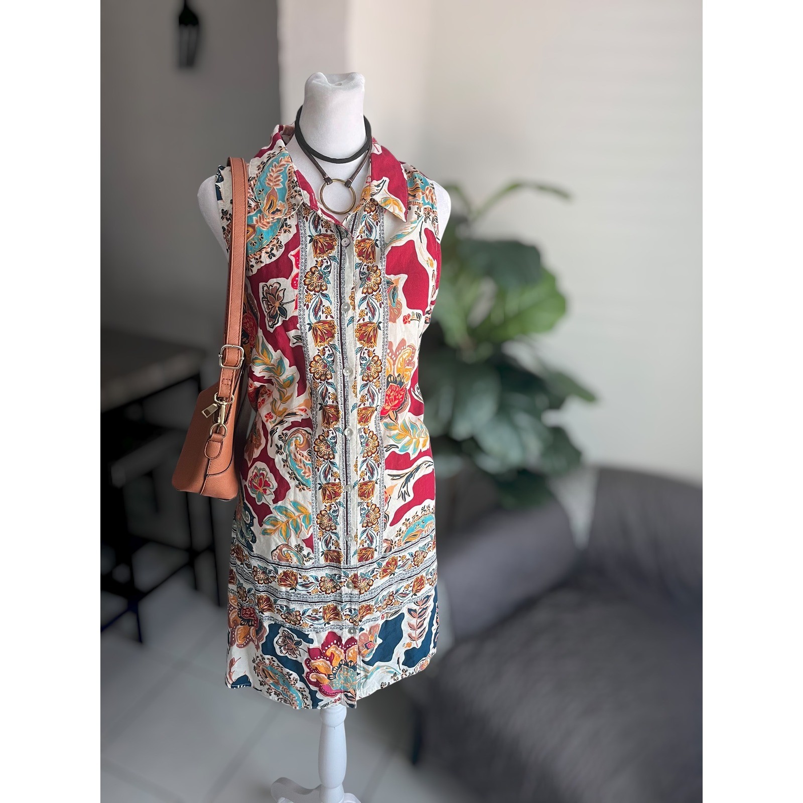 FIG + FLOWER Sleeveless Button Front Floral Paisley Tunic Dress Size XL