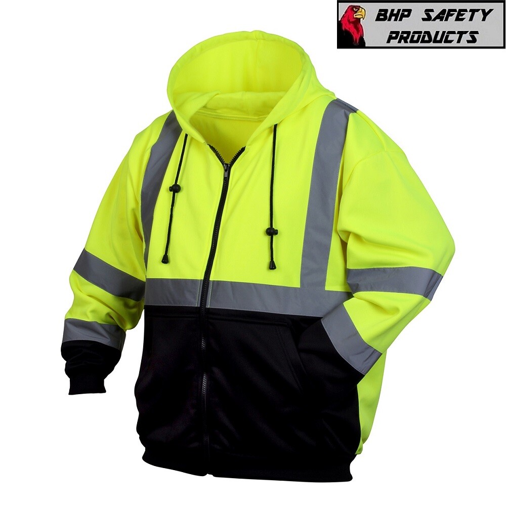 Hi-Vis Lime Class 3 Pullover Safety Sweatshirt w/Zipper Jacket with Gloves & Hat