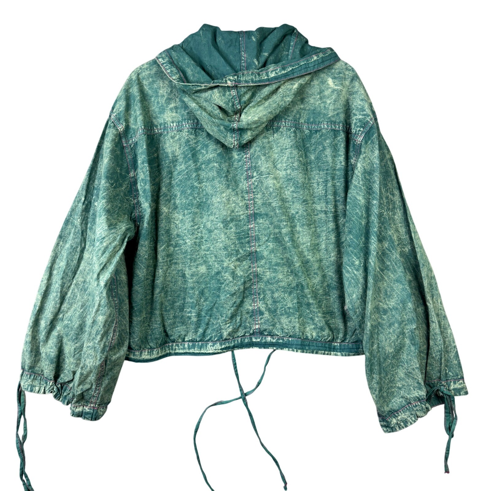 A Rare Bird Handmade Acid Wash Hooded Jacket Teal Cotton One Size Boho Oversized