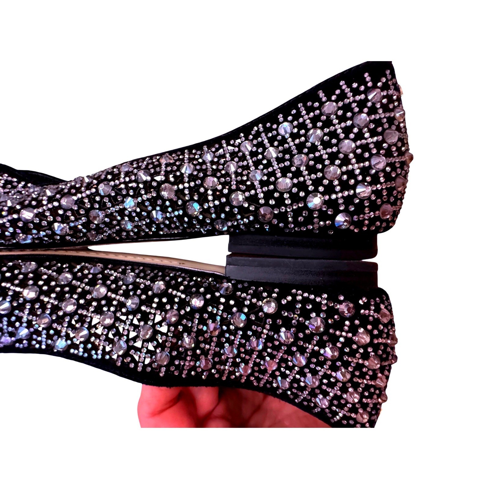 Birdies Swan Black Crystal Embellished Flats Rhinestone Leather Pointed Toe 9.5