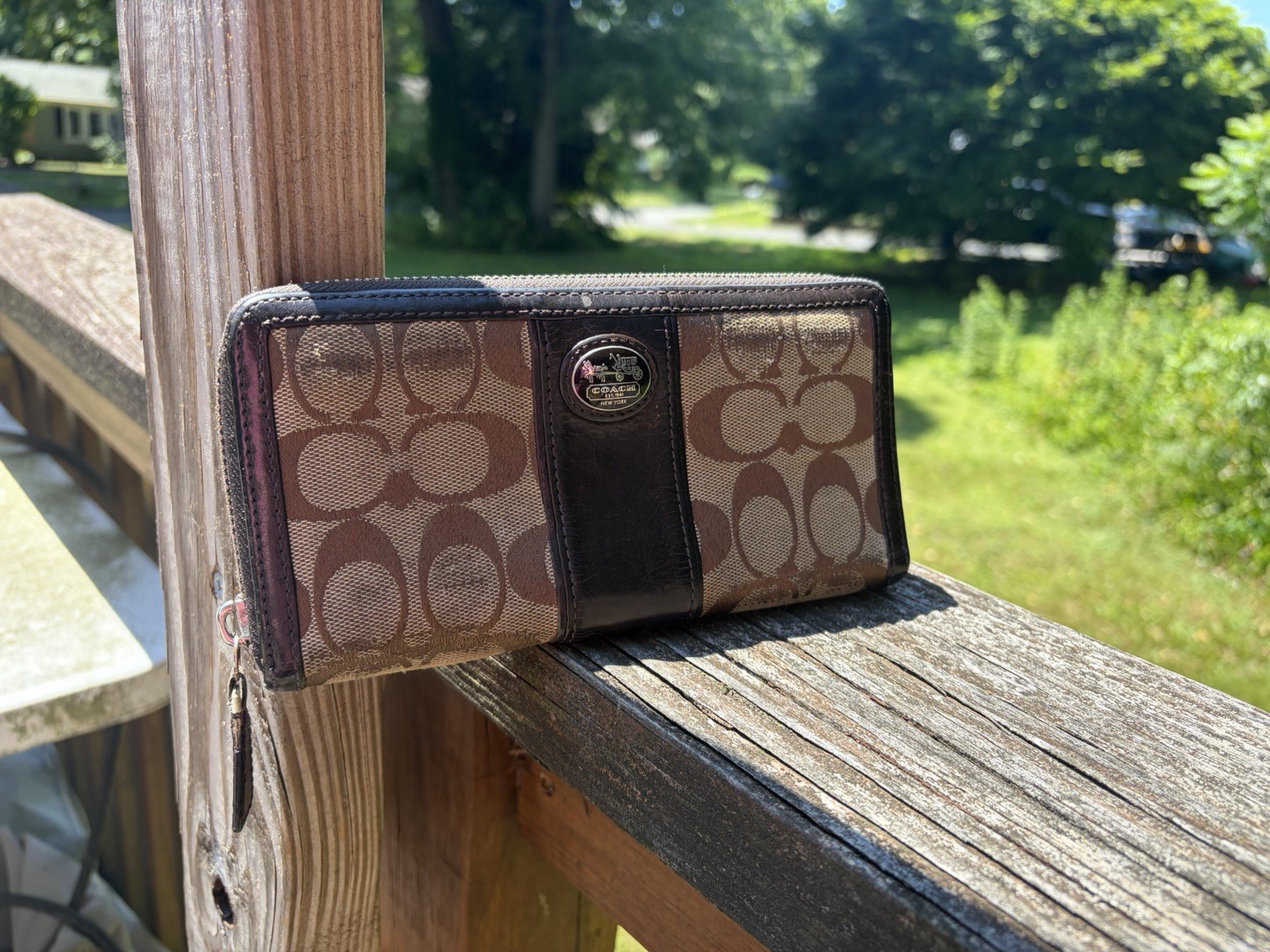 Coach Leather Zip Wallet in Signature Canvas – Khaki & brown leather detailing