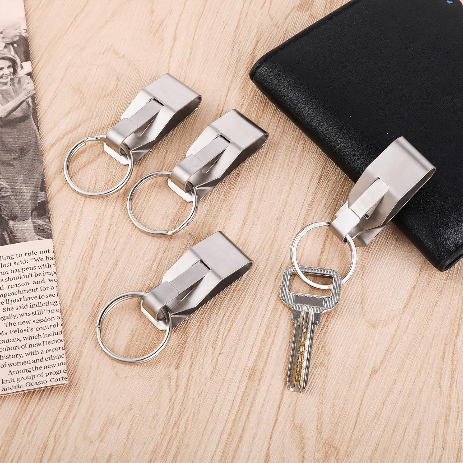 4 Pcs Belt Key Clip Keychain Stainless Steel Metal Car Keys Holder Silver Black