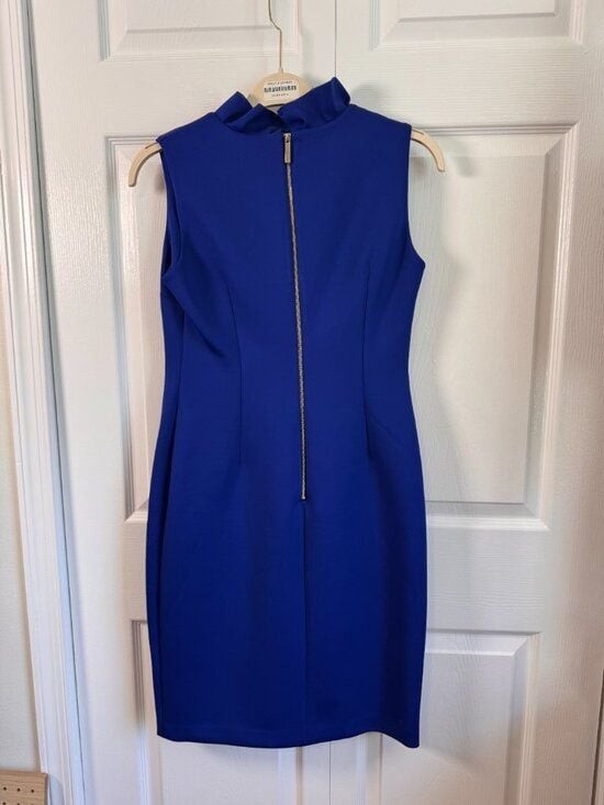 Calvin Klein 💙 Cobalt Blue 💙 Scuba Dress | Gold Back Zipper | Ruffle Neck
