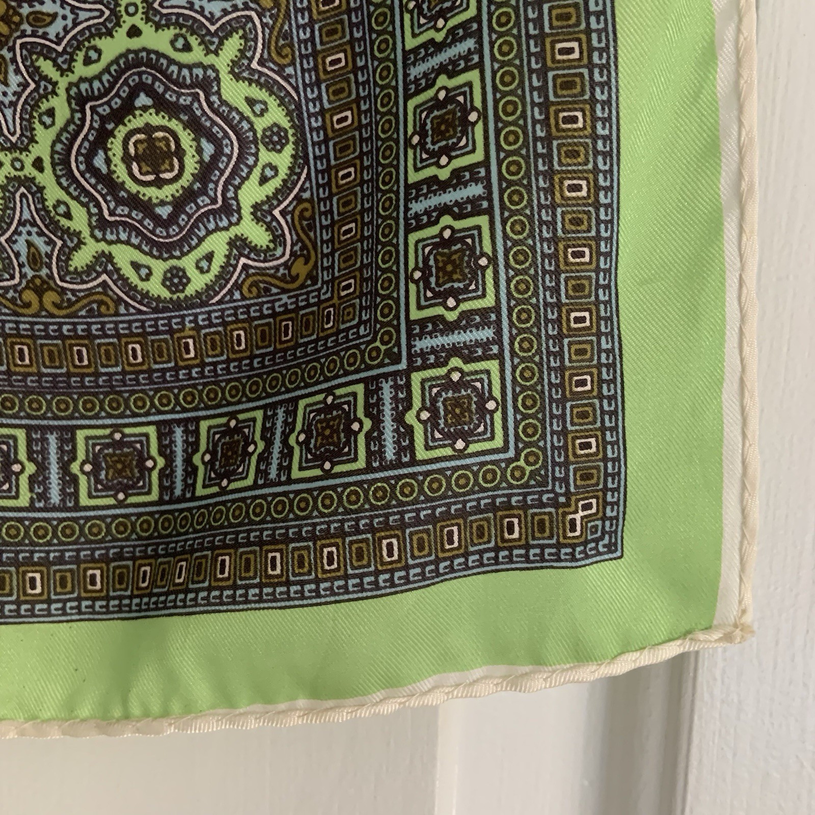 vintage 23in square Lime Green Medallion print rolled edge scarf