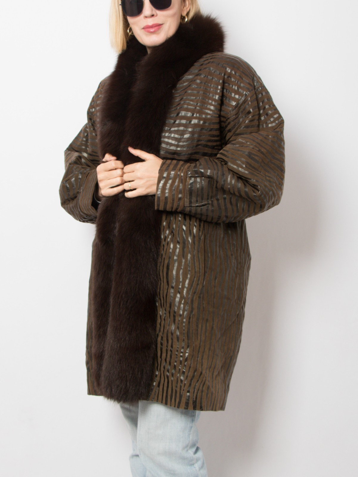 80s Striped Leather and Rabbit Fur lining Coat by Sprung Frères Paris Fox trim