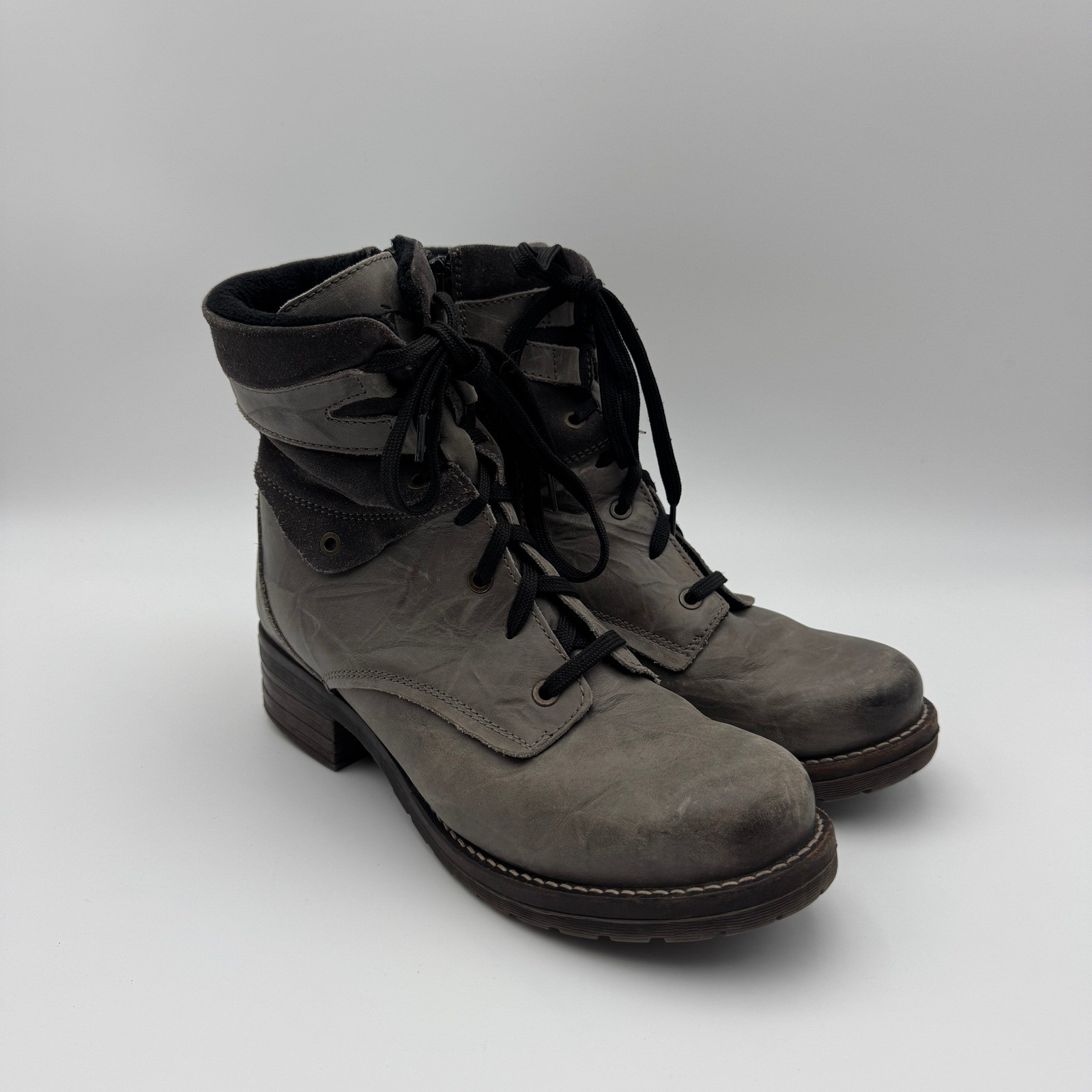 Dromedaris Kara Grey Leather Suede Trim Combat Ankle Boots Womens 41 Portugal