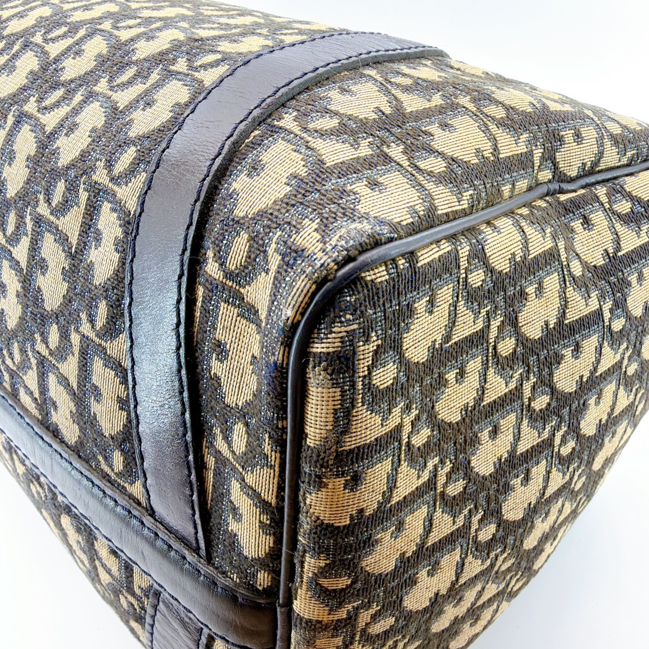 Auth Christian Dior Trotter Pattern Canvas Beige Navy Boston Bag 303Q1