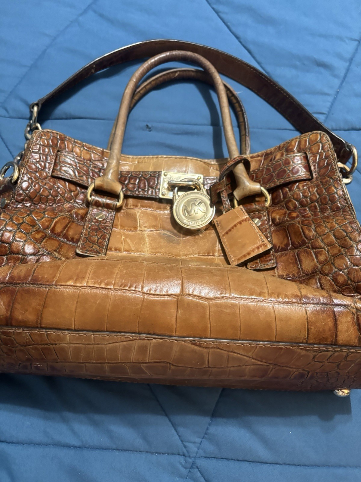 Michael Kors Brown Croc Embossed Satchel Top Handle Chain Strap Snap