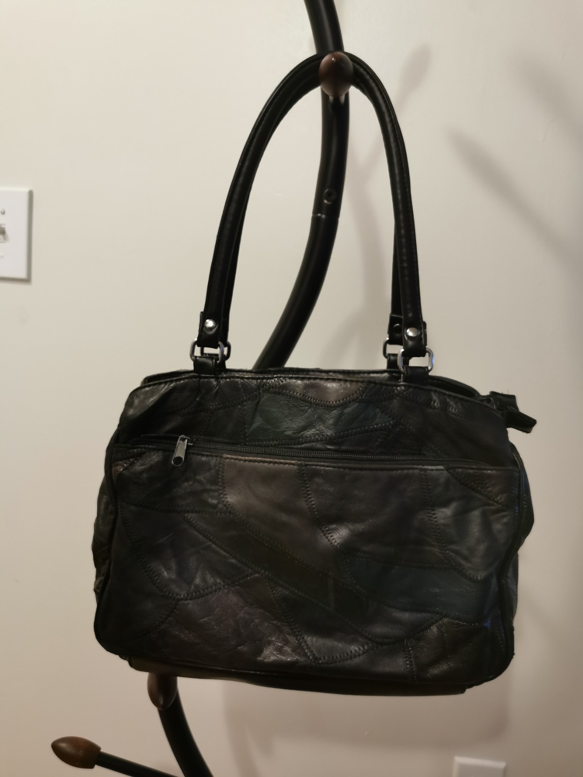 Black and Brown Patchwork Satchel Genuine Leather bag Lined Inner Pockets Silver