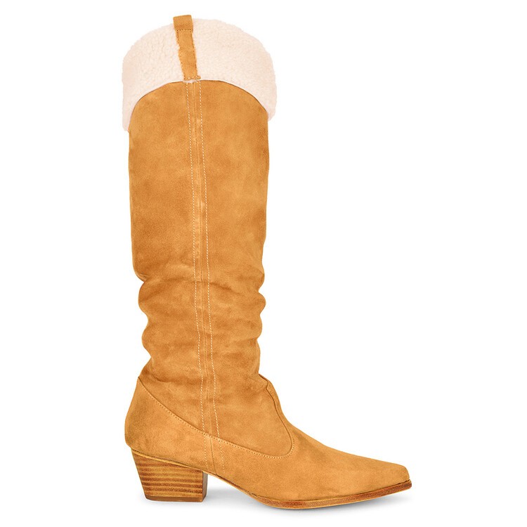 Cowboy Pointed Toe Women’s Real Suede Leather Knee High Long Boots Block Heel