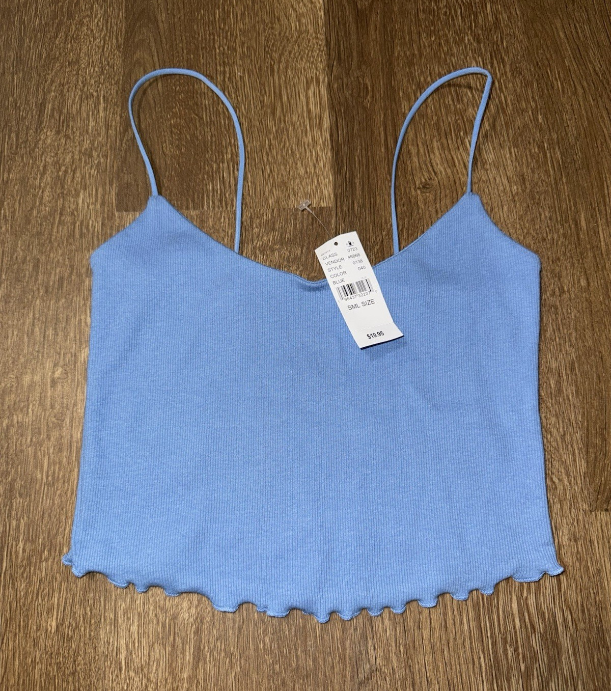 PacSun Blue Ribbed Knit V-Neck Spaghetti Strap Ruffle Stretch Cami Womens S