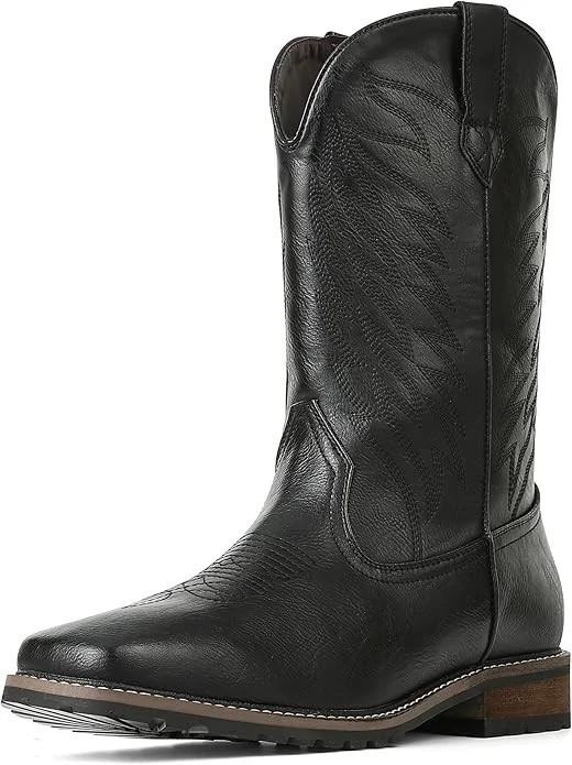 femflame Cowboy Boots for Men Square Toe Embroidered Mens Cowboy Boots Distresse