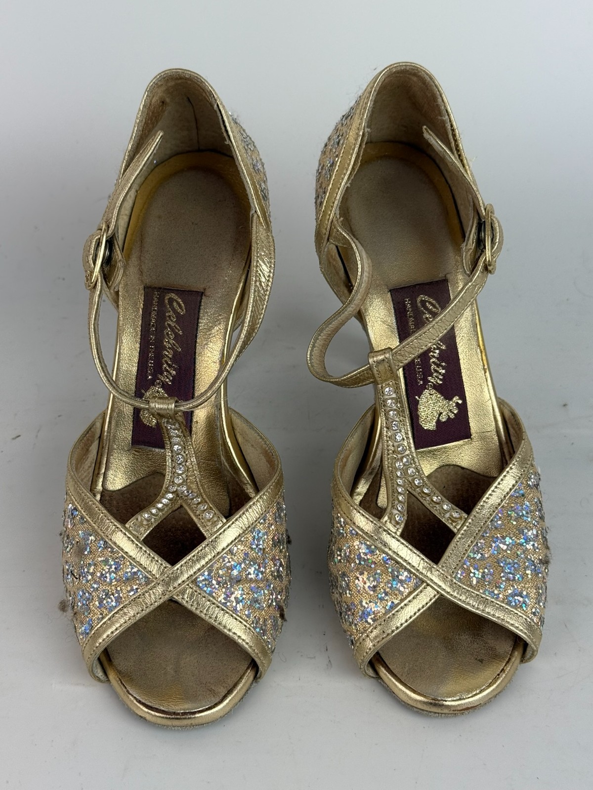Celebrity Latin Dance Shoes Gold & Rhinestone * Made in USA * Size 5 1/2