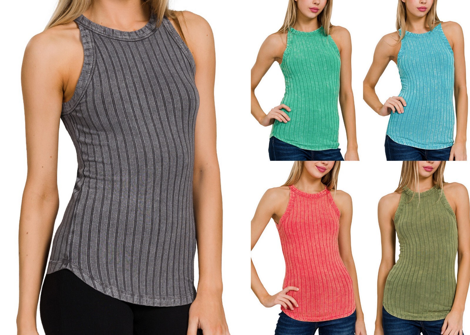 Women’s Washed Crew Halter Neck Soft Stretch Rayon Ribbed Tank Sleeveless Top
