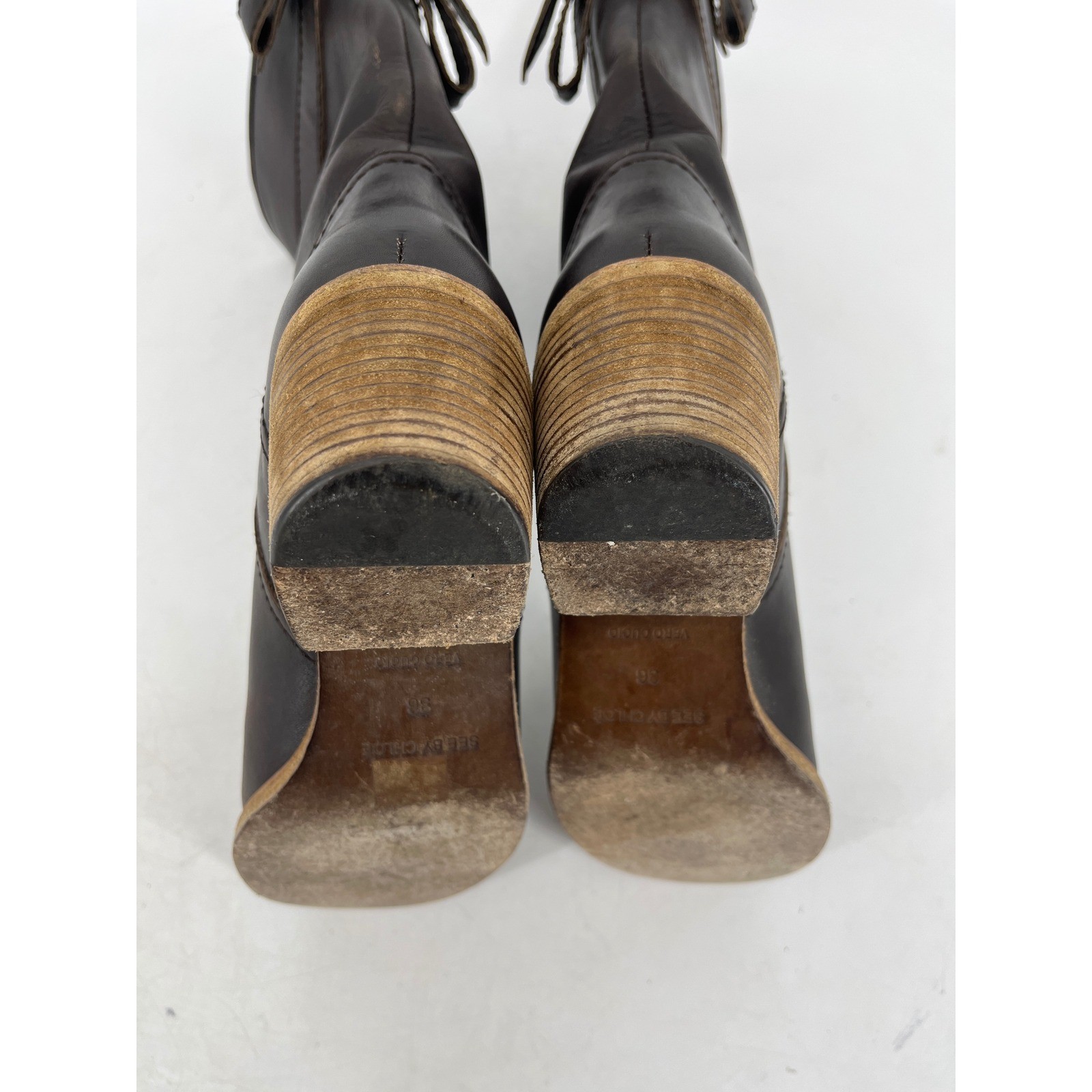 See by Chloe Tall Leather Boots Women 36 Dark Brown Good Bow Detail Block Heel