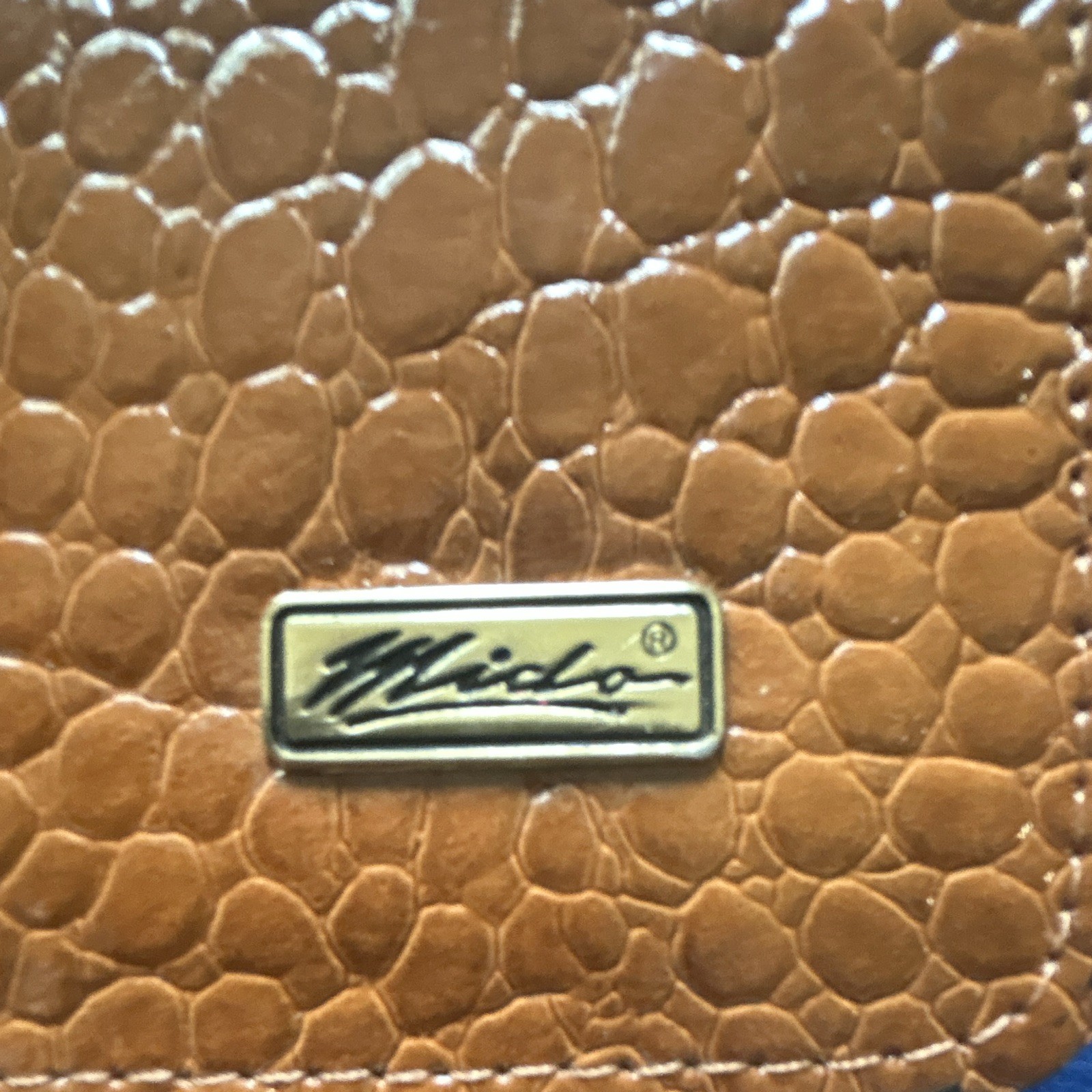 Mido Brown Croc Pattern Top Handle Satchel Push Lock/Zip Gold Hardware Lined
