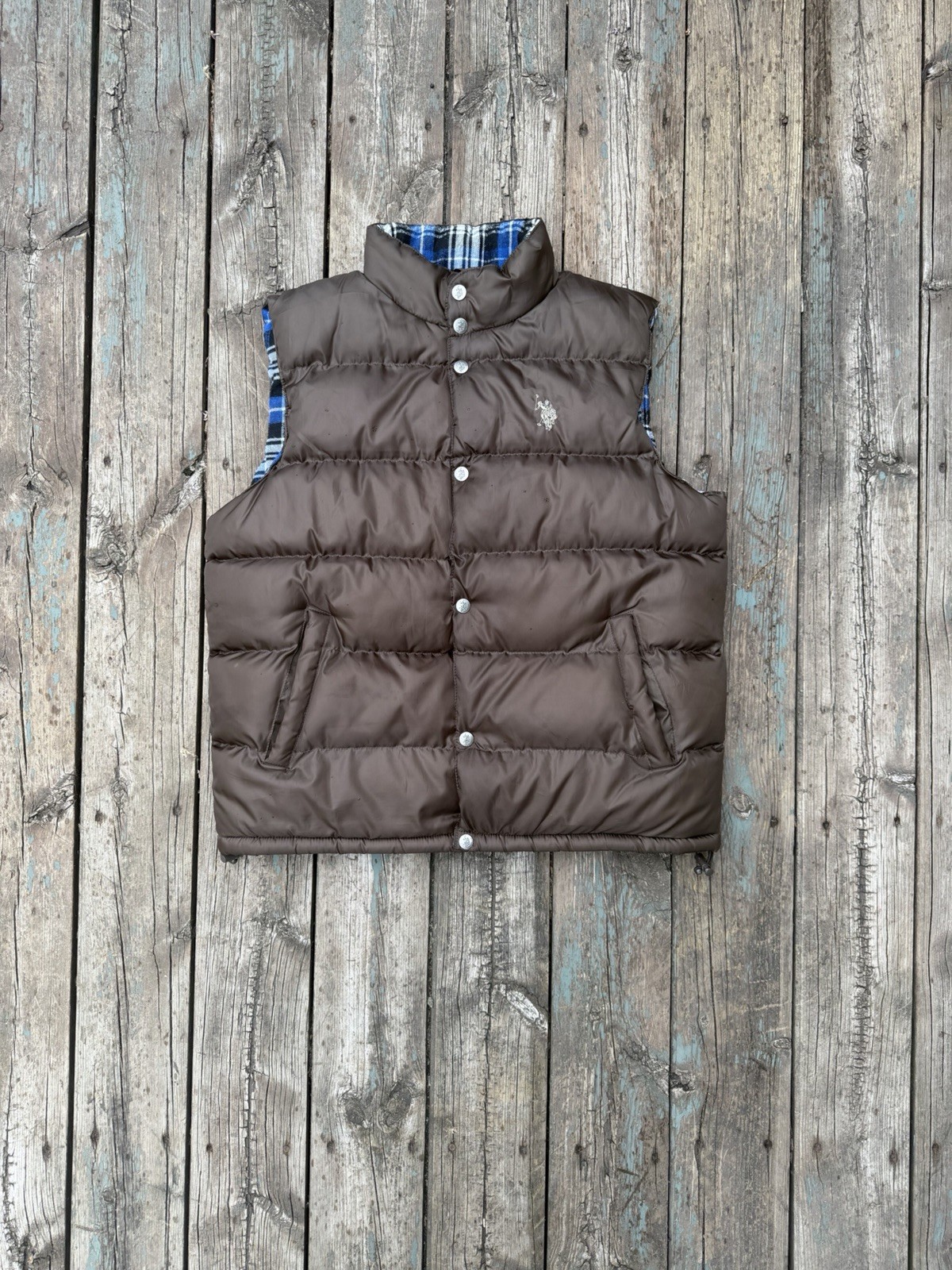 Polo Ralph Lauren Brown Flannel lined puffer vest men’s size M (oversized)
