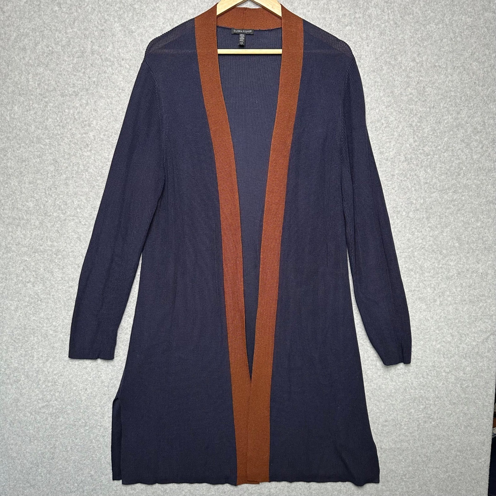 Eileen Fisher Navy Blue Silk Tencel Colorblock Longline Cardigan Large F18FVE