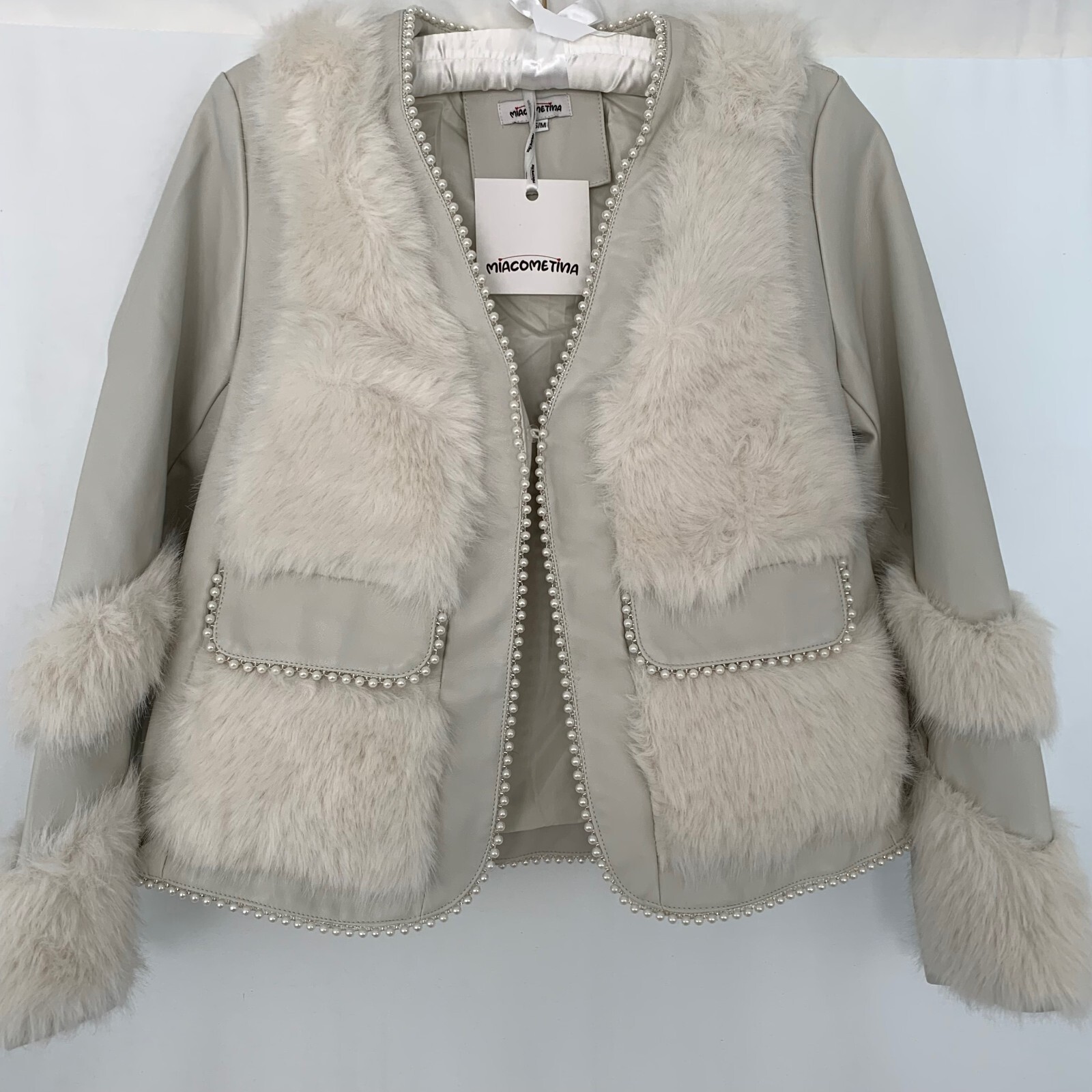 White faux leather & faux fur ladies jacket coat with faux pearls, Size S/M UK