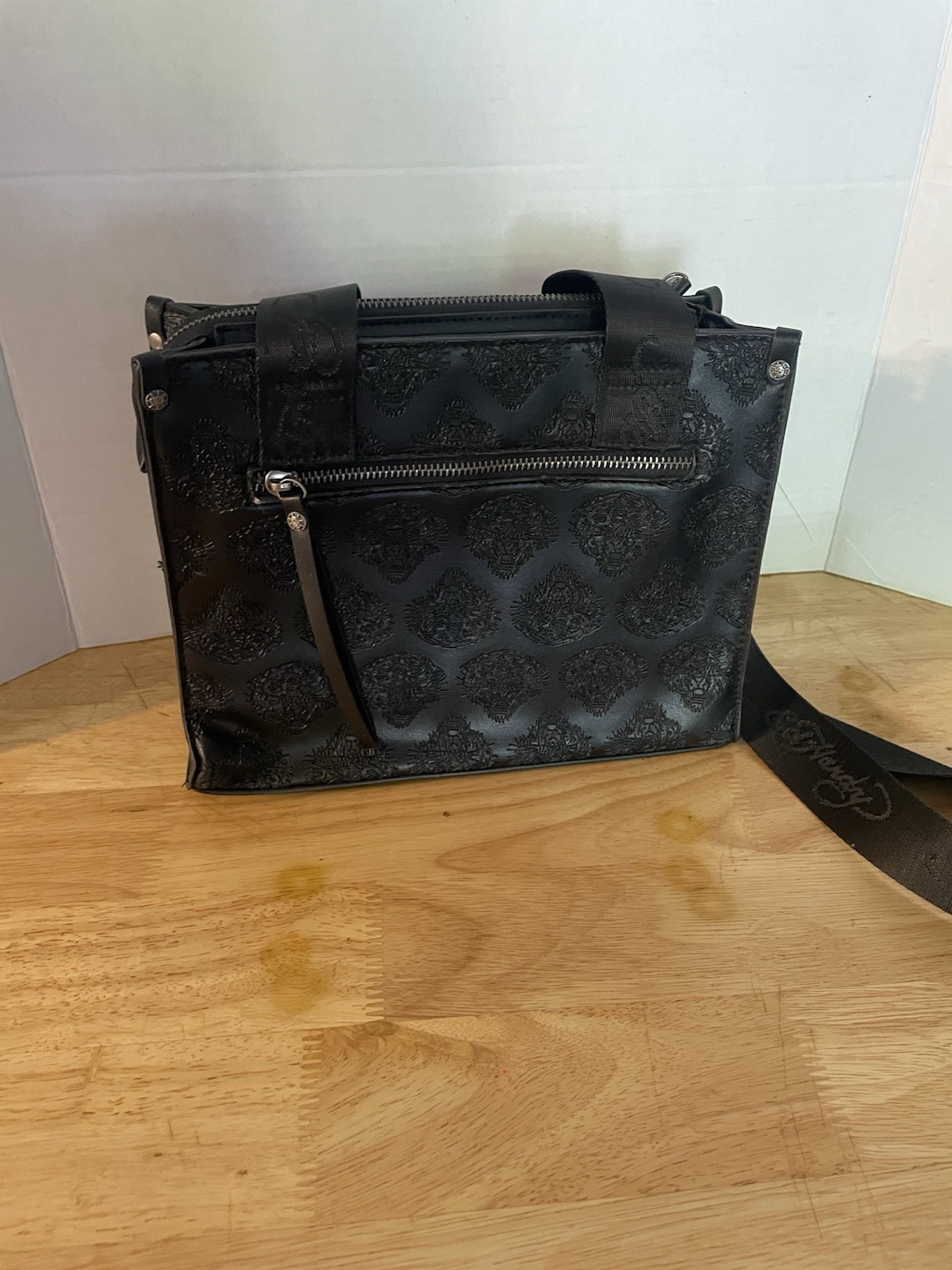Ed Hardy Black Tiger Animal Print Satchel Top Handle Crossbody Zip Bag