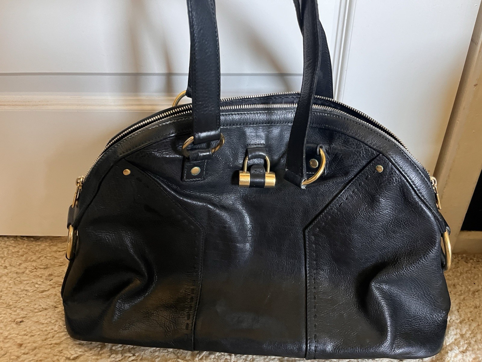 Saint Laurent Black Satchel Top Handle Bag Gold Hardware Zip Inner Pockets