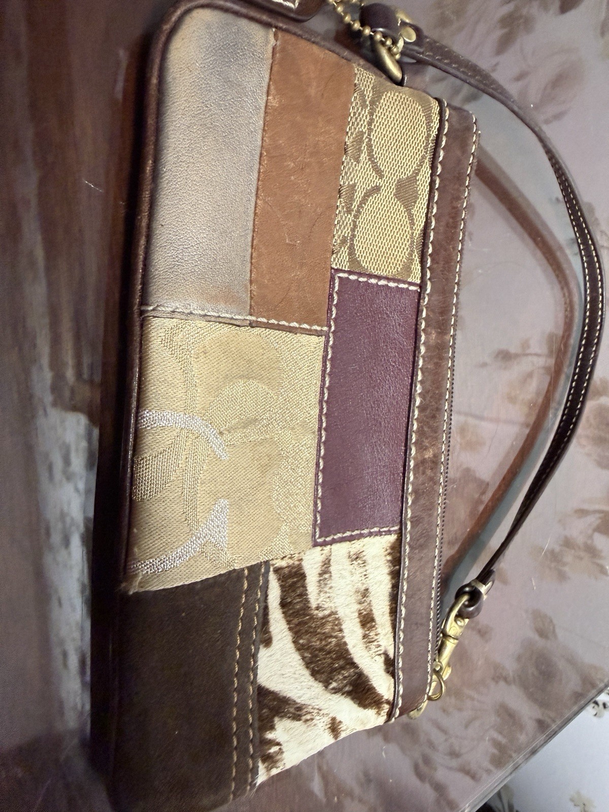 Vintage Coach Patchwork Leather Zebra Pattern Wristlet Y2K Brown Animal Print