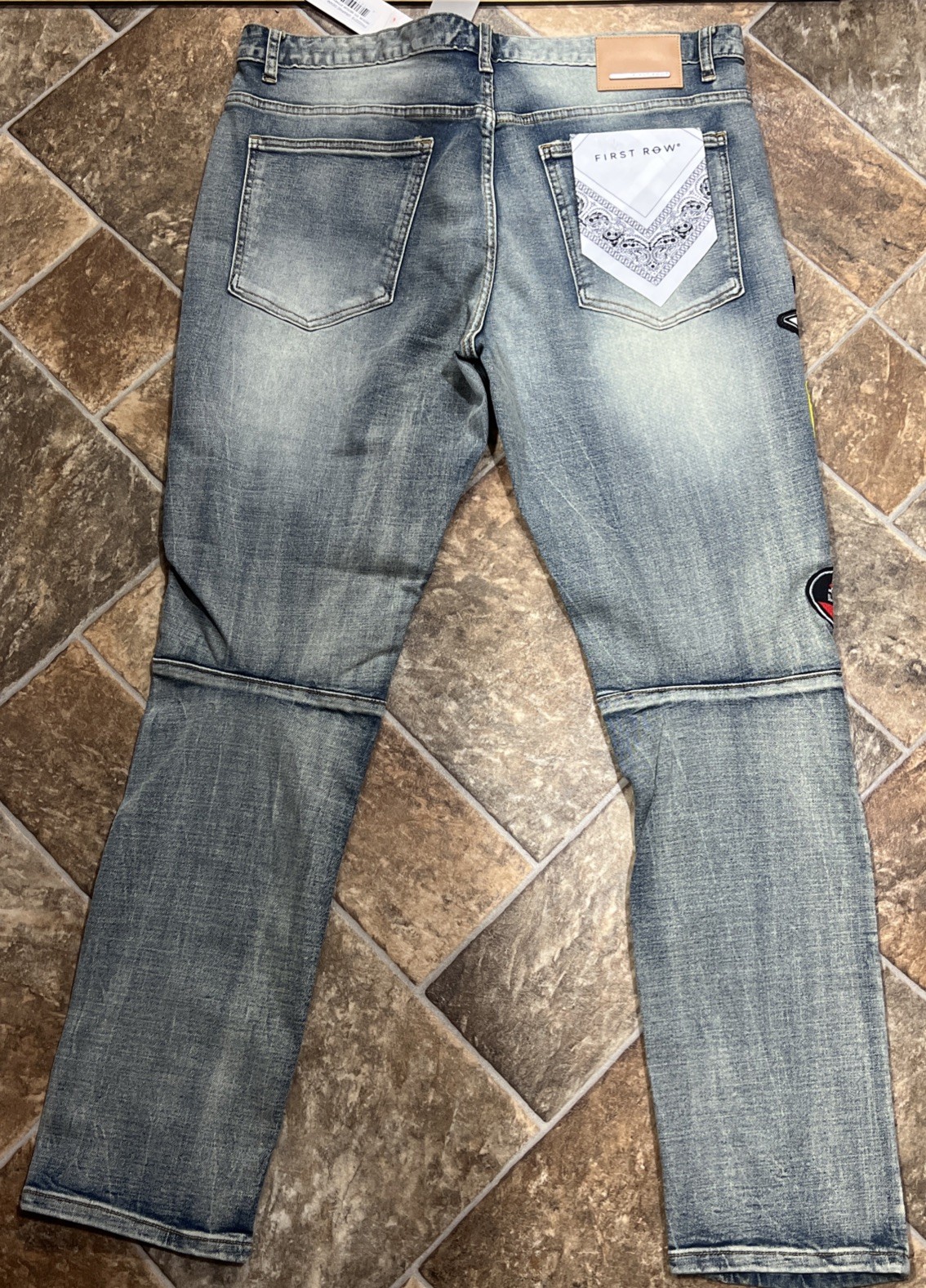 First Row Men’s Stylish Distressed Racing Jeans W/ Patches NWT Size 38-32