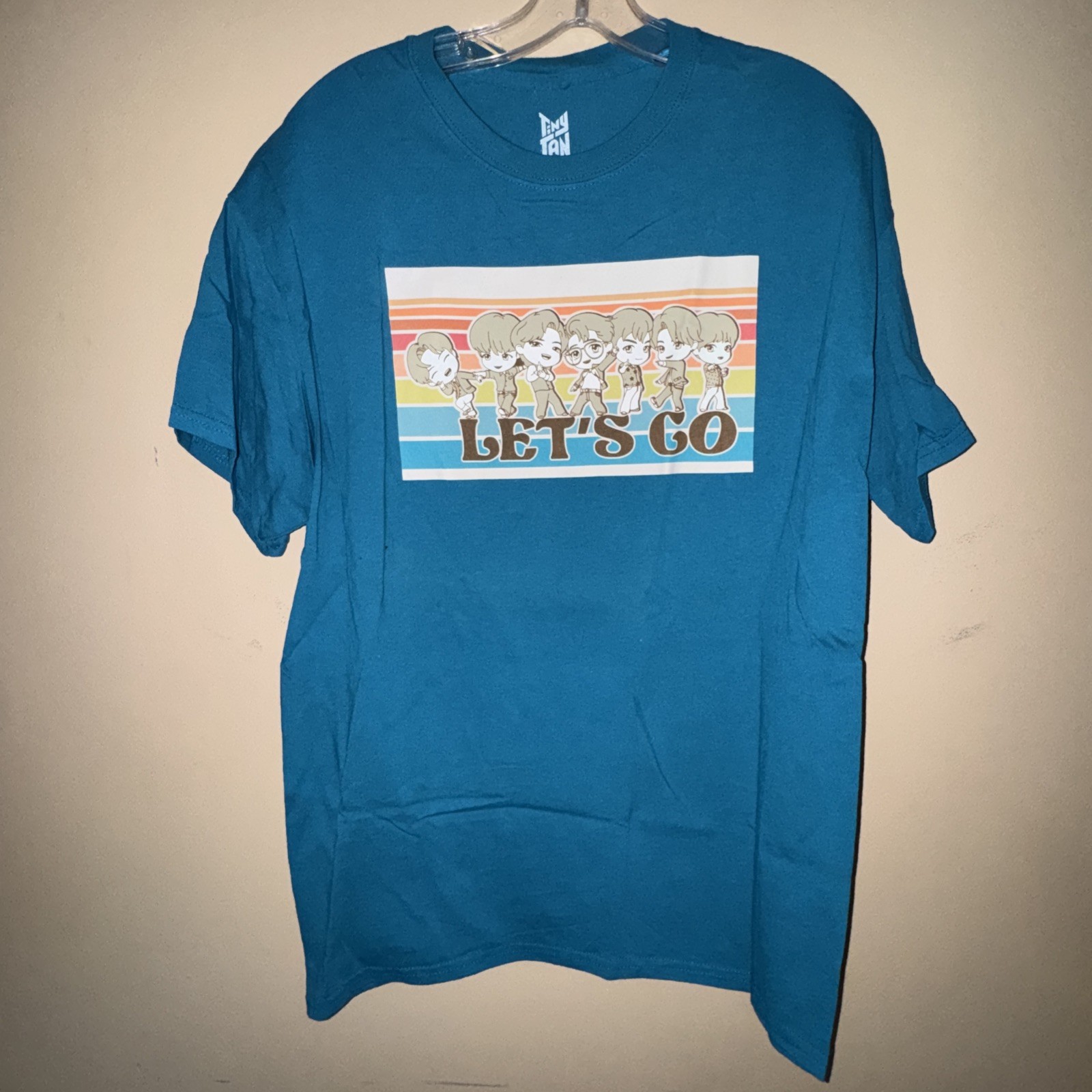 BTS TinyTAN “Let’s Go” Chibi Graphic T-Shirt Size Large Teal Blue HYBE Hot Topic