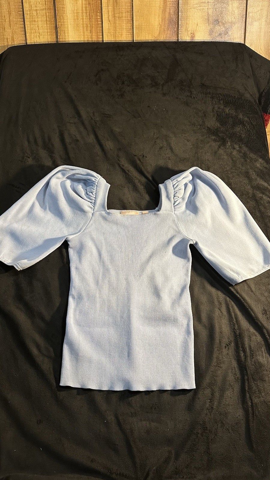 Willow & Root Blue Knit Square Neck Short Puff Sleeve Blouse Top Size S