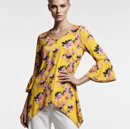 Bobbie Brooks Yellow Floral Ruffle Sleeve Tunic Blouse Top Shirt S