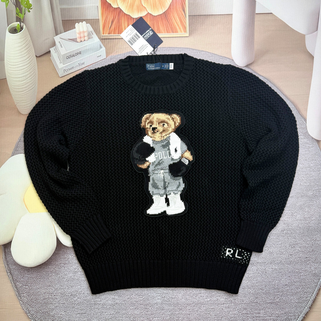 POLO RALPH LAUREN Bear Sweater Cotton Pullover Black Open Knit Women Medium NWT
