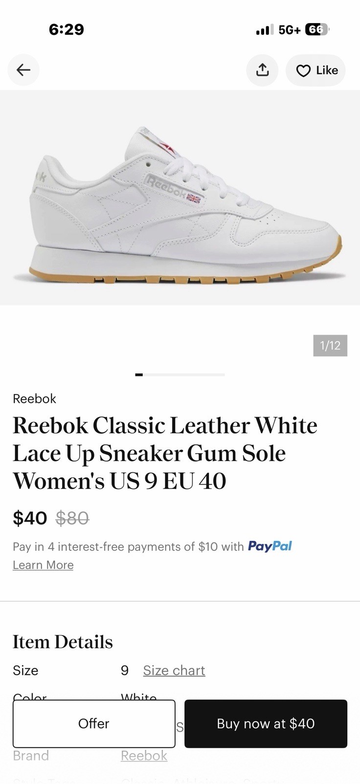 Reebok Classic Leather Women’s Low Top Leather Sneaker White/Gum Lace-Up
