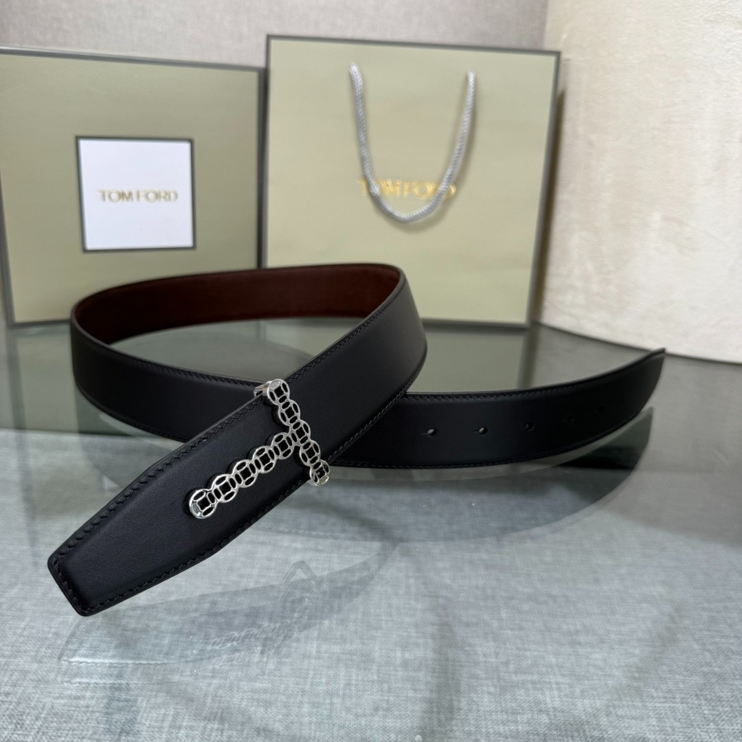 Authentic Tom Ford Men’s Reversible Calfskin Leather Black/Brown Belt T-Buckle