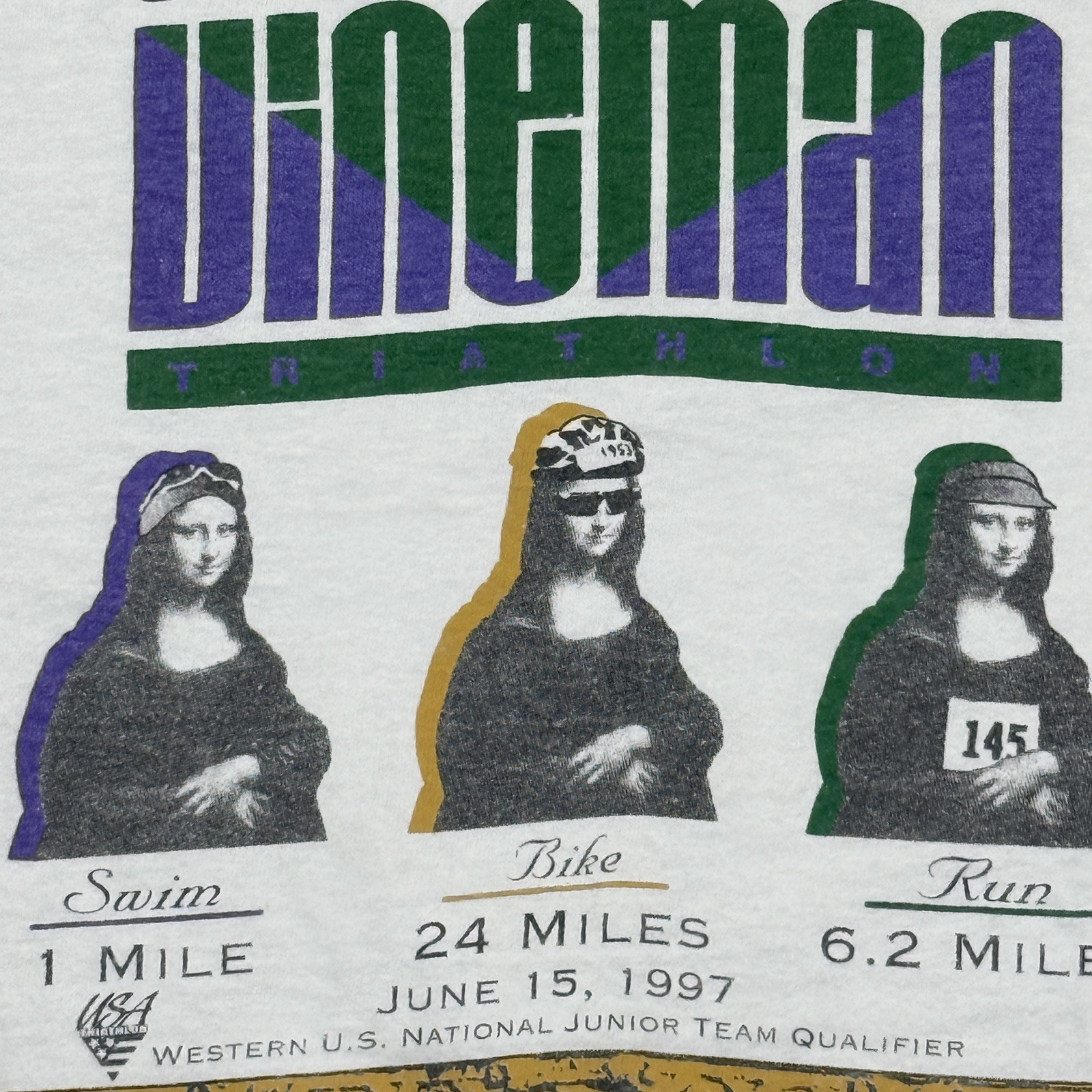 1997 Vintage Mona Lisa Triathlon Athlete Sponsor Promo White Large Oneita Shirt