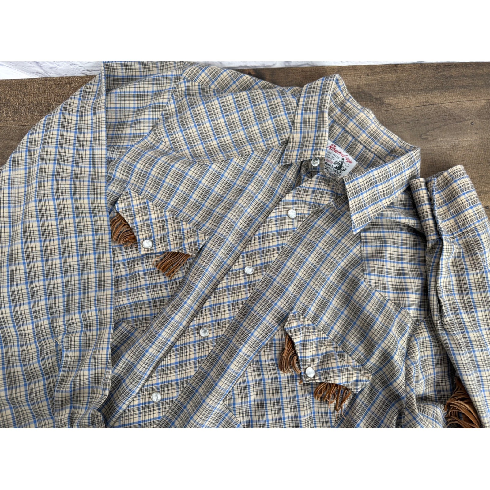 Vintage Retro Western Shirt Mens Large Plaid Fringe Pearl Snap Cowboy Rockabilly