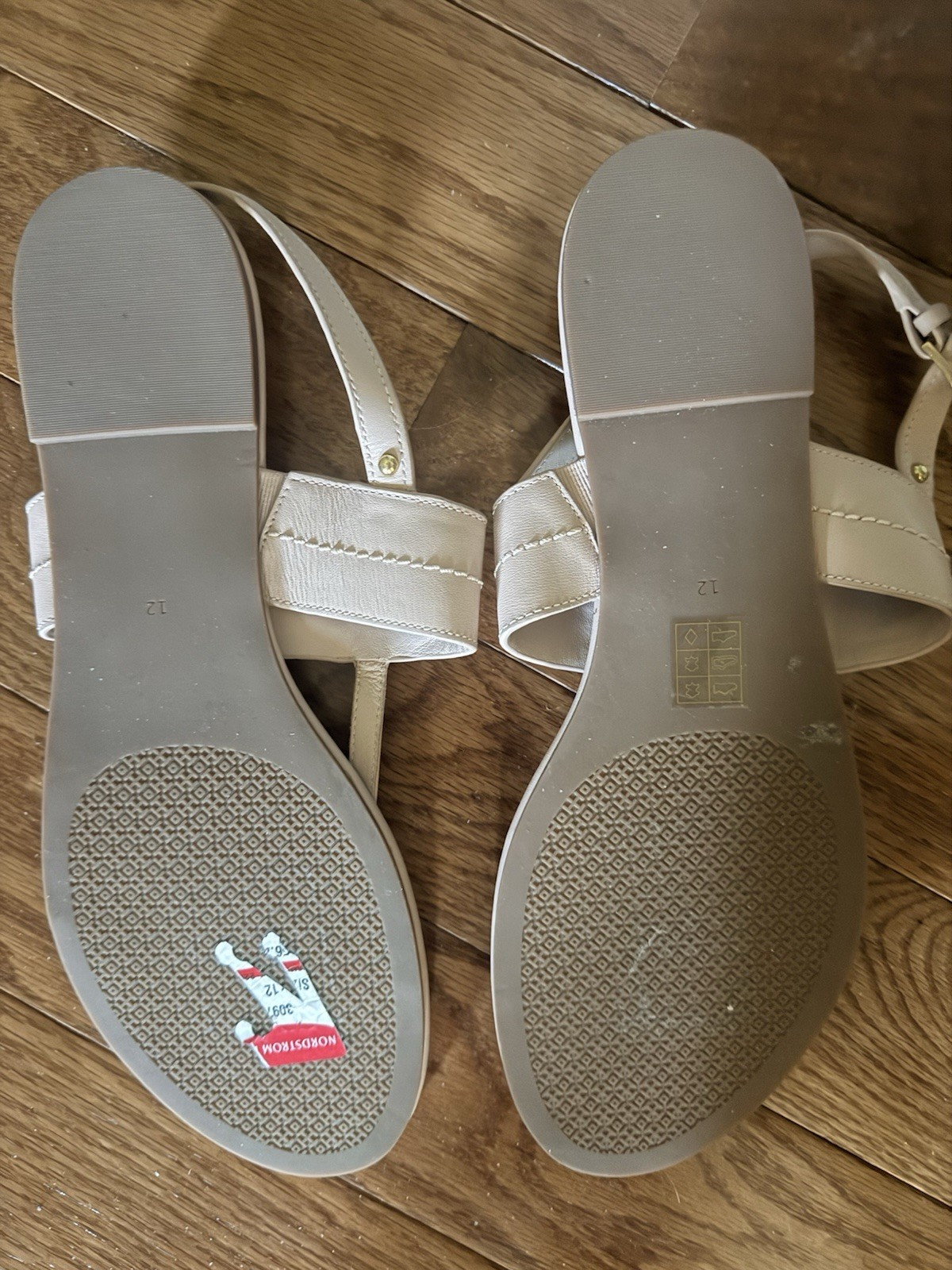 Tory Burch Women’s Beige Thong Flat Sandals Ankle Strap Logo Buckle Sz 12