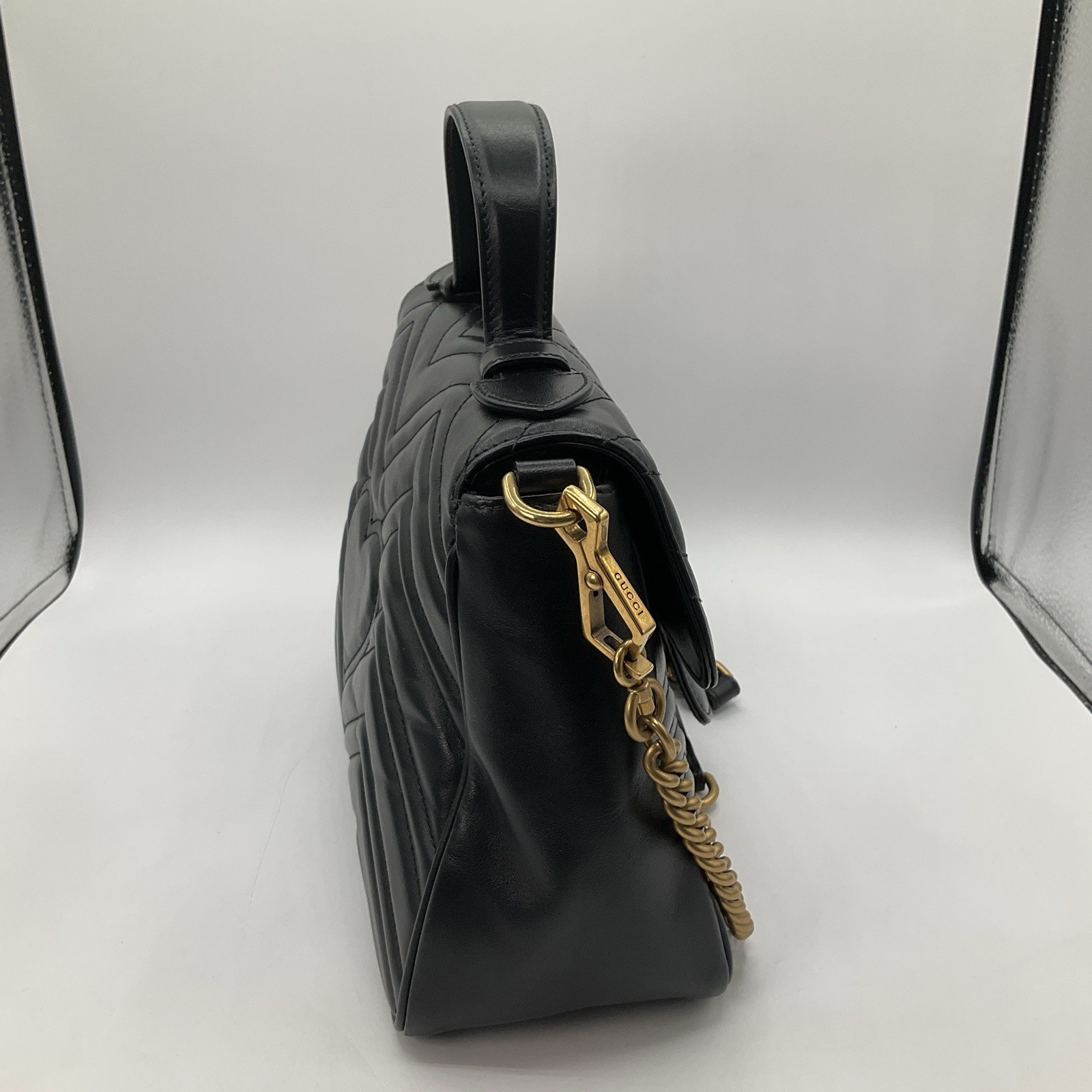 Gucci GG Marmont Matelasse Small Top Handle Black Leather Bag Purse
