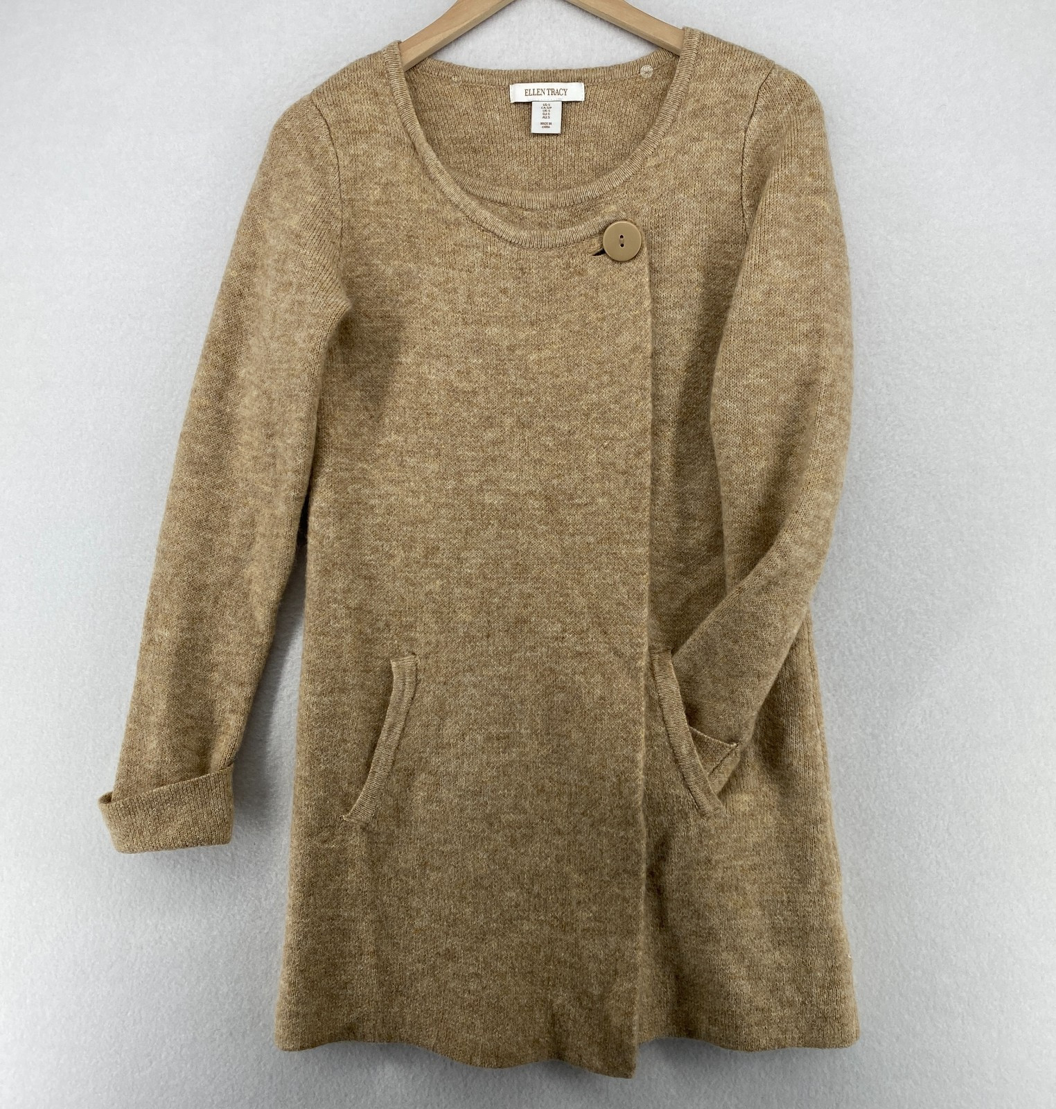 ELLEN TRACY Sweater S Wool Blend One Button Duster Coatigan Coatigan Camel Brown