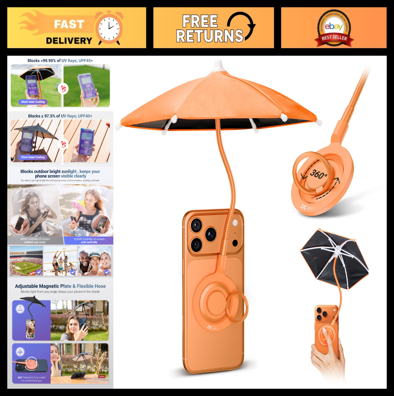 UPF 45+ Magnetic Phone Umbrella, Anti-UV Coating, Bendable Design for Travel & B