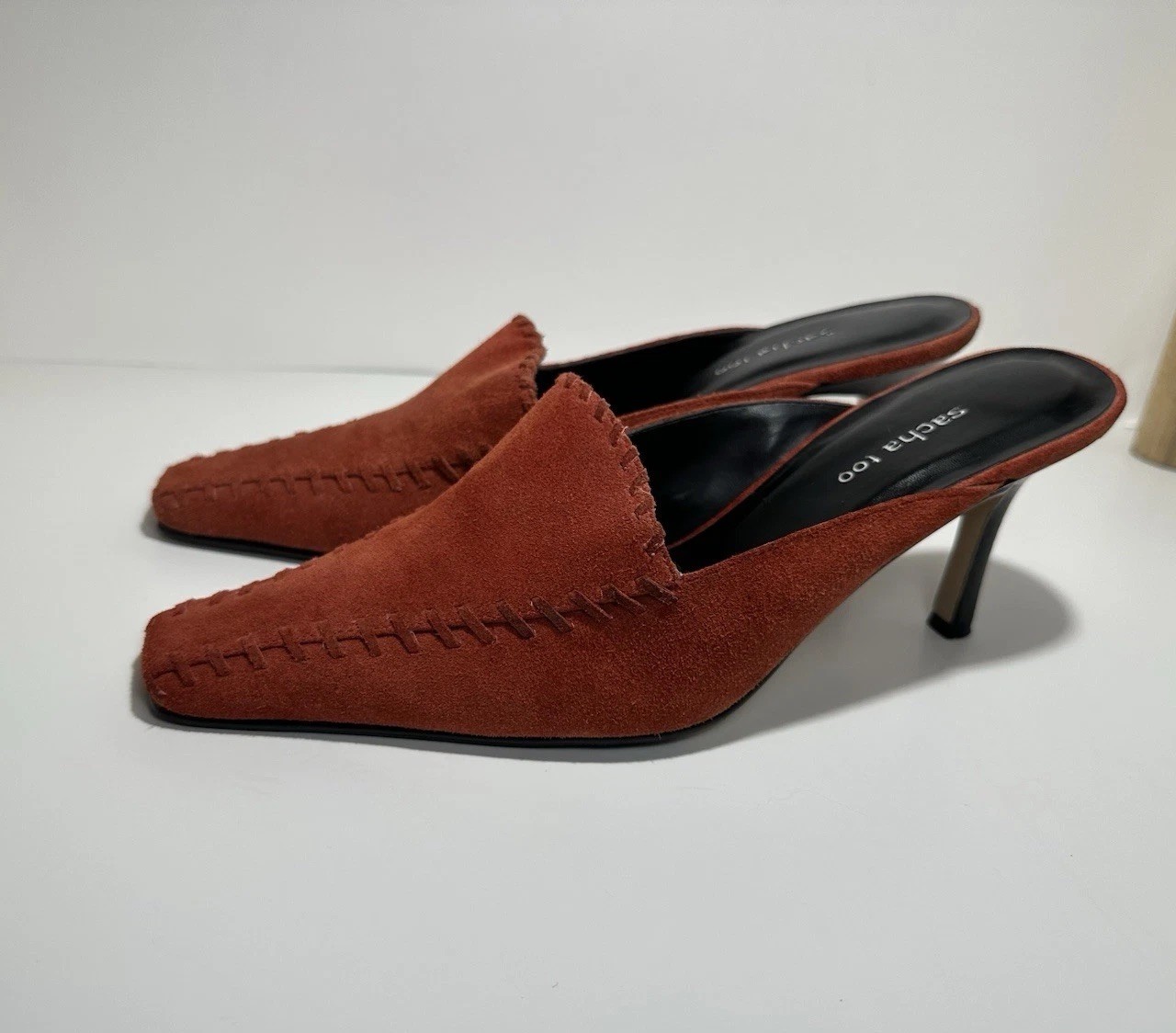Sacha Too Womens 8M Suede Leather Mule Heels Rust Orange Square Toe Whipstitch
