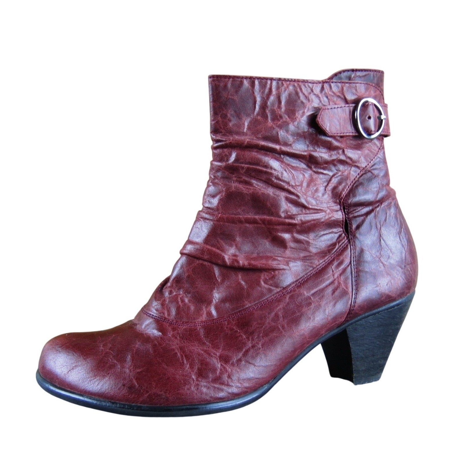 Fidji Burgundy Leather Ankle Boots Buckle Accent Zipper Closure Women’s Size 39