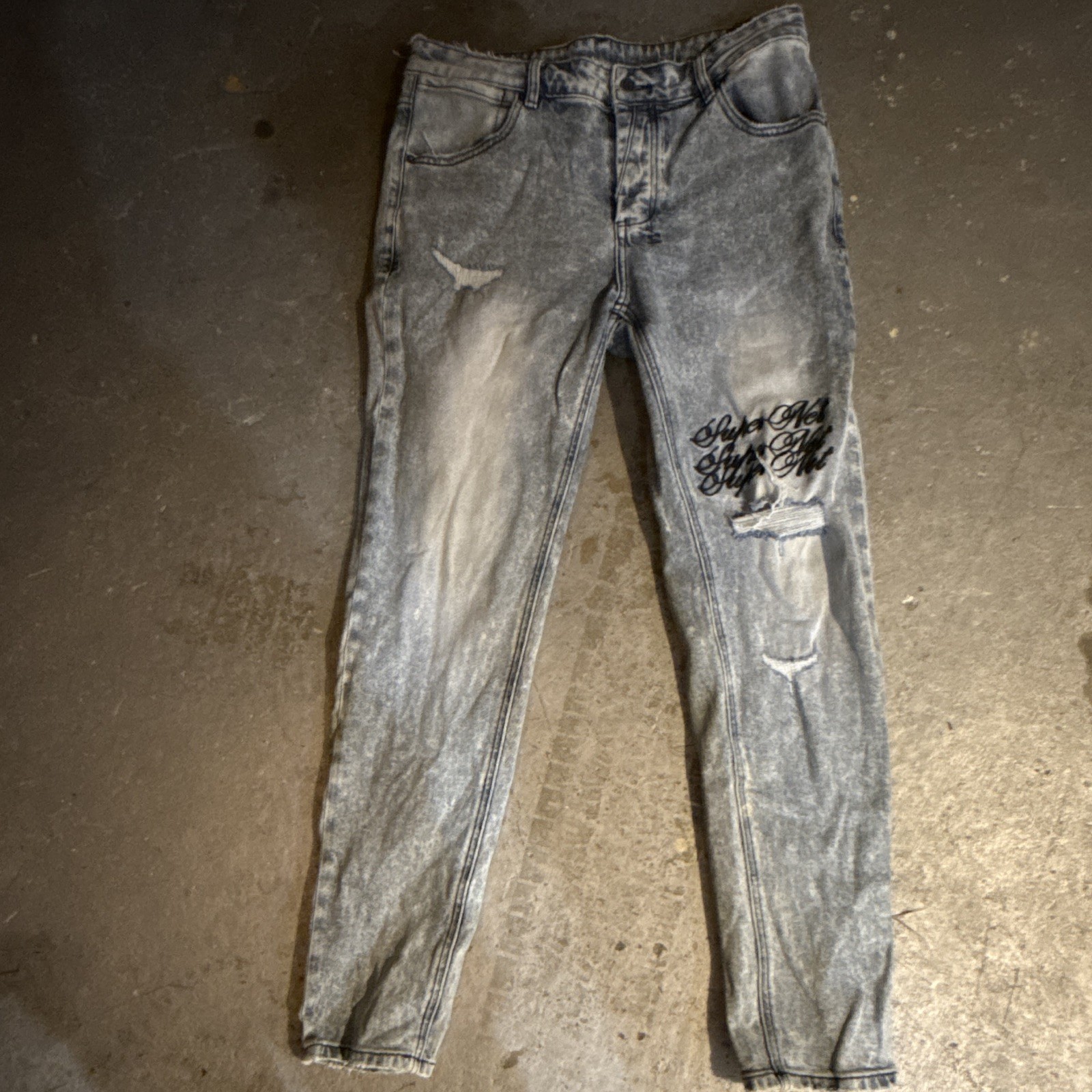 ksubi Gray Acid Wash Skinny Jeans Distressed 5-Pocket Logo Mid Rise Cotton