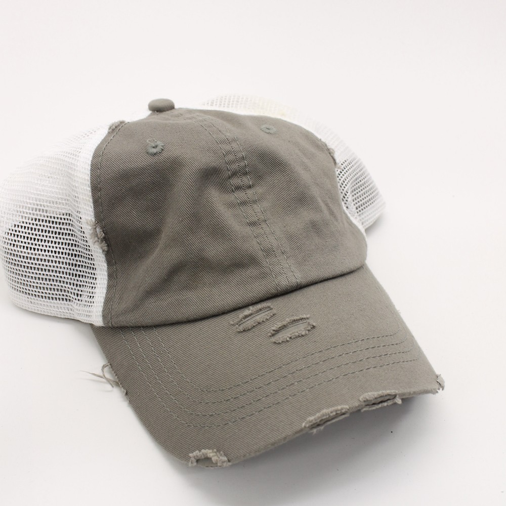 Factory distressed grey cotton white mesh ponytail cap by KBETHOS